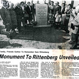 Local coverage of unveiling of Sam Rittenberg marker, 1982