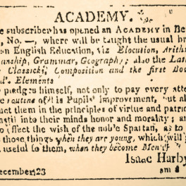 Harby's notice of academy in Bedon's Alley