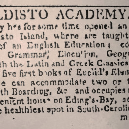 Harby's notice of academy on Edisto Island