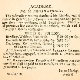 Harby's notice of academy at 66 Broad Street